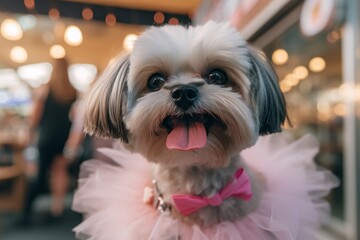 Close-up portrait photography of a cute lowchen dog bumping head wearing a tutu skirt against a bustling city cafe. With generative AI technology