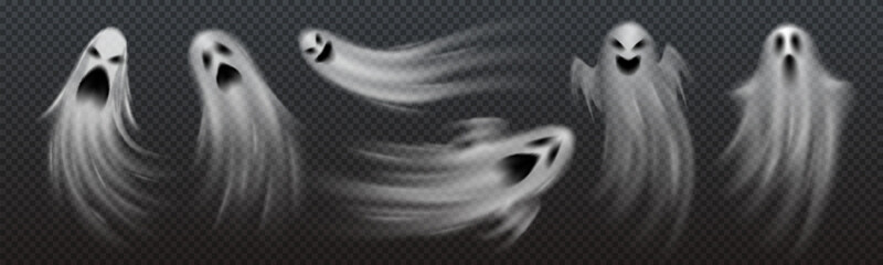 Realistic Halloween ghosts, poltergeist monsters and boo spirits on vector transparent background. Halloween horror night flying spooky ghosts with scary faces and grim smiles for Halloween party © Vector Tradition