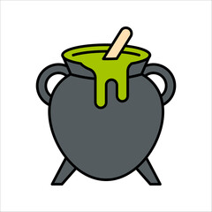 Halloween witches black cauldron with poison potion. Icon image of magical boiling and bubbling pot. vector illustration on white background