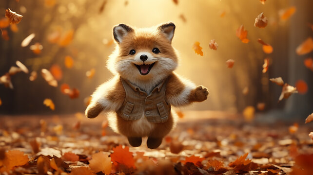 cartoon plush cute fox runs in leaf fall on autumn leaves a view of wild nature joy of change, dynamic scene of flying leaves