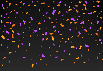 Halloween confetti background of horror holiday night party. Vector pattern of orange and purple paper confetti or streamers falling down on black background. Halloween trick or treat carnival decor