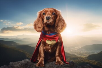 Photography in the style of pensive portraiture of a funny cocker spaniel hiding bones wearing a superhero costume against a backdrop of mountain peaks. With generative AI technology