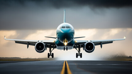 Commercial airliner or jet airplane, taking of from a runway. Concept of travel, fear of flying and cancelled flights. Shallow field of view.