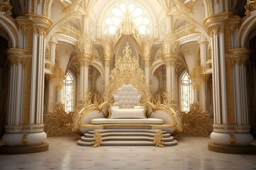 Elegant white and gold royal throne room. Generative AI