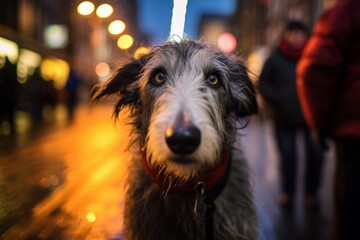 Medium shot portrait photography of a curious irish wolfhound dog marking territory wearing a parka against a bustling city street at night. With generative AI technology