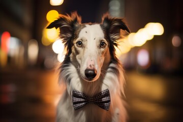 Headshot portrait photography of a funny borzoi scratching wearing a cute bow tie against a bustling city street at night. With generative AI technology