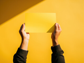 A man in a dark suit holds a yellow poster on a yellow background.