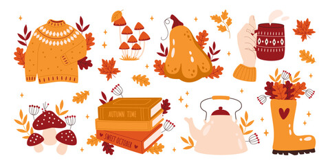 Cozy autumn composition set with thanksgiving pumpkin, warm sweater, hot drink, mushroom, boots
