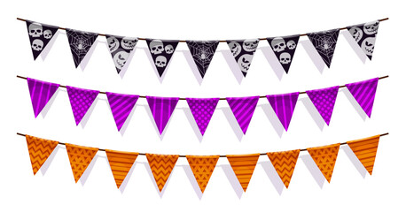 Halloween garland pennants with scary holiday ornaments. Isolated vector black, purple and orange triangular flags adorned with eerie skulls and spiderwebs, creating spooky, haunted festive atmosphere