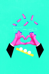 Collage composite design promo picture of pink hands cut off fingers showing heart symbol figure...