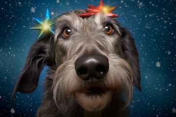 Headshot portrait photography of a happy scottish deerhound nose bumping wearing a dinosaur costume...