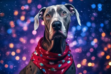 Lifestyle portrait photography of a funny great dane showing belly wearing a festive sweater against a backdrop of starlit galaxies. With generative AI technology - obrazy, fototapety, plakaty