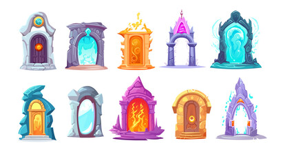 Cartoon magic portal, fantasy teleport, futuristic archway and doorway game asset isolated set © Mykola Syvak