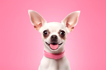 Cute happy dog on pink background