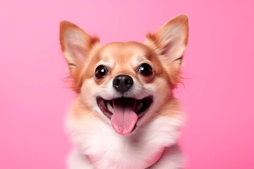 Fototapeta na wymiar Cute happy dog on pink background