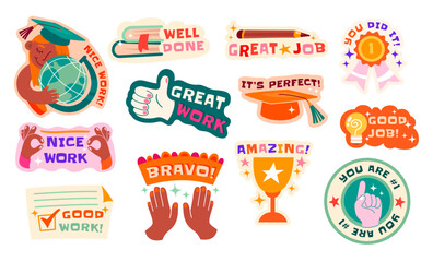Great job school and sport achievement reward sticker for greeting due to success isolated set - obrazy, fototapety, plakaty
