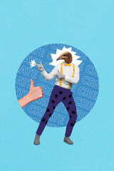 Vertical composite collage of headless ostrich wild animal guy gentleman fingers pointing like sign...