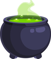 Cartoon Halloween witch cauldron with green brew. Isolated vector mystical pot simmers, brimming with ominous bubbling liquid concoction, emitting an eerie otherworldly glow, mystic potent properties