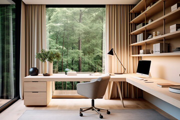 home office  workspace setup with a sleek desk, ergonomic chair, minimalist decor and natural light