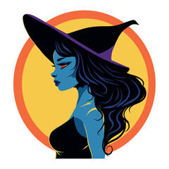 Vector illustration of halloween avatar cute witch girl in cap mystic character flat style