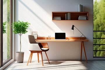 Fototapeta premium home office workspace setup with a sleek desk, ergonomic chair, minimalist decor and natural light