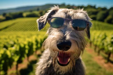 Fototapete Rund Medium shot portrait photography of a cute irish wolfhound dog yelping wearing a trendy sunglasses against a backdrop of rolling vineyards. With generative AI technology © Markus Schröder