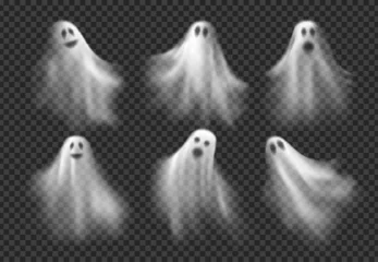 Tuinposter Realistic Halloween ghosts. Vector 3d scary transparent white ghost, ghoul or spirit monsters silhouettes with spooky faces. Horror holiday flying phantoms or nightmare shadows foggy figures © Vector Tradition