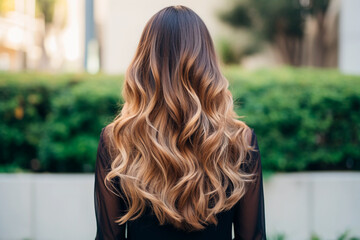 Woman from the back with balayage ombre hair dye technique, featuring a gradual transition from...