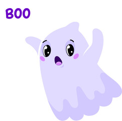 Cartoon cute Halloween kawaii ghost with boo, vector kids character for horror holiday. Halloween night spooky funny ghost flying with scary boo fear for trick or treat party or greeting card