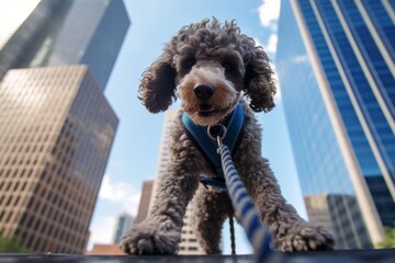 Medium shot portrait photography of a funny poodle pulling a rope with his mouth wearing a harness against a stunning skyscraper skyline. With generative AI technology