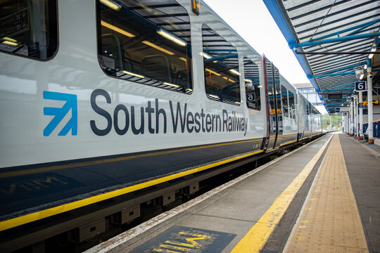 GUILDFORD, SURREY- UK: South Western Railway train on platform at Guildford Station- Surrey train station on the Portsmouth Direct Line