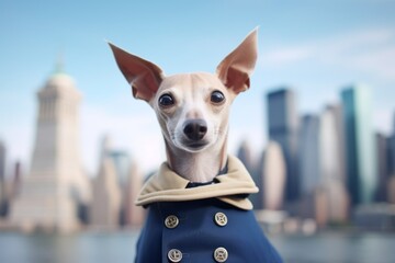 Medium shot portrait photography of a cute italian greyhound dog sniffing around wearing a sailor suit against a stunning skyscraper skyline. With generative AI technology