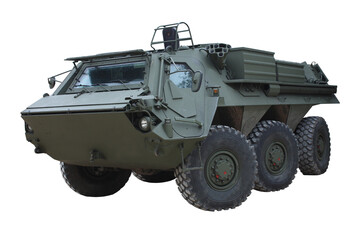 A Large Dark Green Military Armoured Vehicle.