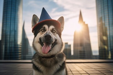 Medium shot portrait photography of a smiling norwegian elkhound catching frisbee wearing a wizard hat against a stunning skyscraper skyline. With generative AI technology - obrazy, fototapety, plakaty