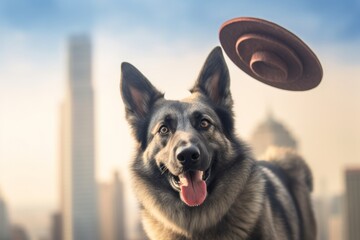 Medium shot portrait photography of a smiling norwegian elkhound catching frisbee wearing a wizard hat against a stunning skyscraper skyline. With generative AI technology