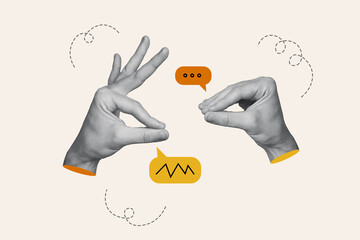 Magazine banner collage of two human hands fingers gesturing communicate textbox speaking each...