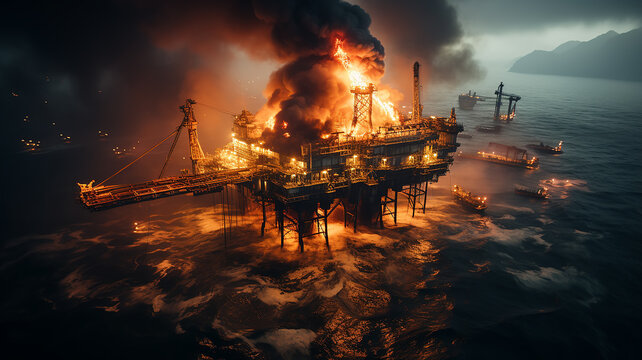burning oil platform in the sea view from a drone, aerial view