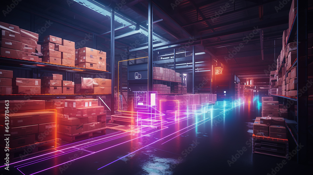Poster warehouse technology of the future, warehouse program, neon background, futuristic computer graphics