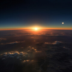 From high above the Earth, the sun slowly rises over the horizon, and the moon slowly descends 