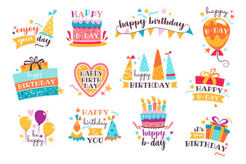 Happy birthday party celebration logo badge with gift, balloon, sweet cake, festive cap decor set