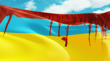 Ukrainian flag stained with blood flutters in the wind against a cloudy sky. War in Ukraine,...