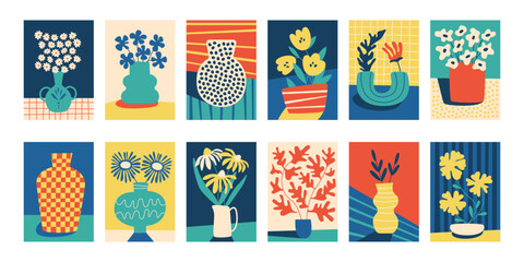 Beautiful flower composition, floral bouquet in glass and ceramic vase over colorful background