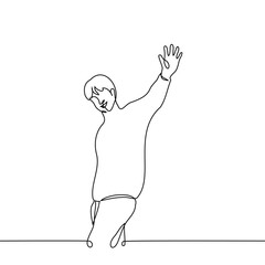 man walking away or passing by smiles and waves his hand - one line art vector. the concept say goodbye, say hello