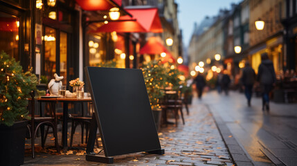 Empty blackboard sign mockup in front of a restaurant , Menu board with a street cafe or restaurant , Generative Ai Technology