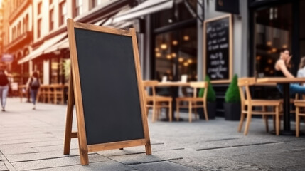 Empty blackboard sign mockup in front of a restaurant , Menu board with a street cafe or restaurant , Generative Ai Technology