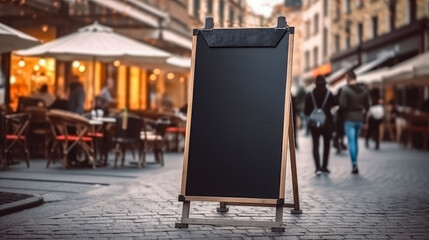 Empty blackboard sign mockup in front of a restaurant , Menu board with a street cafe or restaurant , Generative Ai Technology