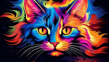 psychedelic Luna cat on a black background - obrazy, fototapety, plakaty