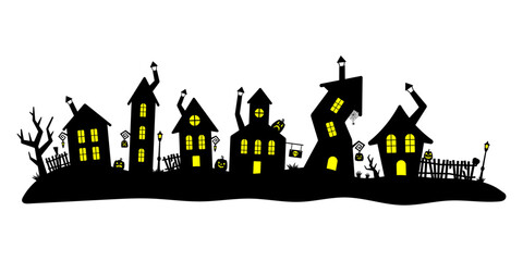 Halloween houses. City. Black silhouette. Horizontal front view. Vector simple flat graphic illustration. Isolated object on a white background. Isolate. Texture.