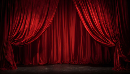Red curtains of theatre stage show spotlight, background for poster.