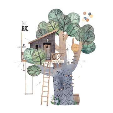 Tree house for playing and parties. Pirate fort. House on tree for kids. Children playground. Summer camp vacation. Watercolor style. Isolated.